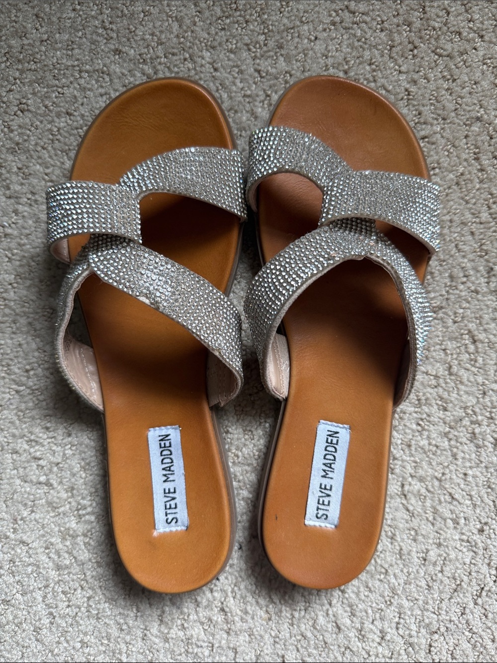 Steve Madden Crystal-Embellished Silver Slide Sandals